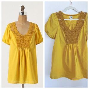 Anthro Edme & Esyllte Crochet Bib Short Puff Sleeve Peasant Blouse in Mustard 2